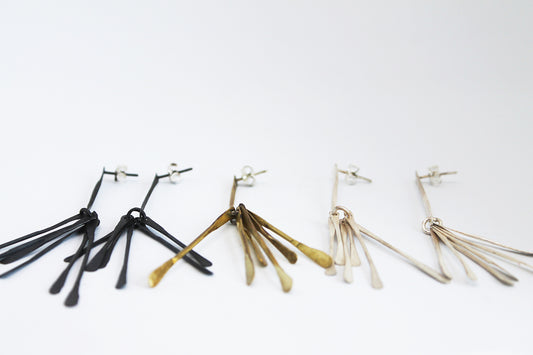 Long light silver dangle earrings / White or Black silver + Brass ✻