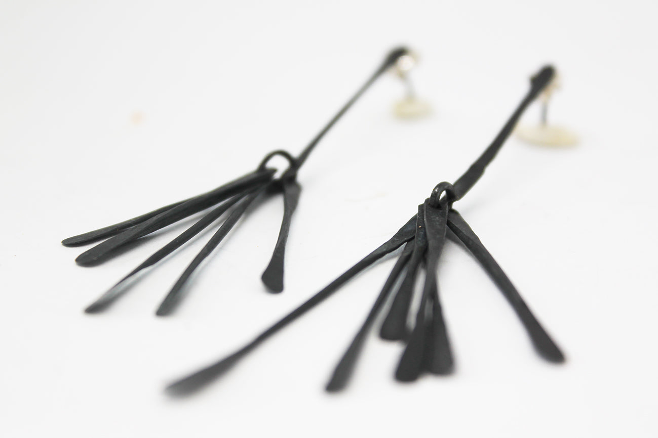 Long light silver dangle earrings / White or Black silver + Brass ✻