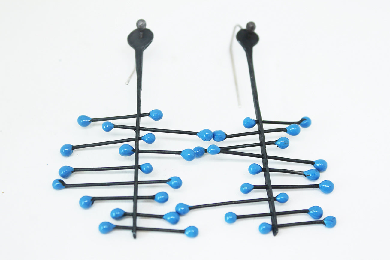 Big Black Silver dangle earrings / Red or Blue