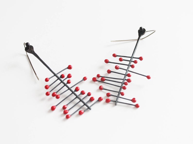 Big Black Silver dangle earrings / Red or Blue