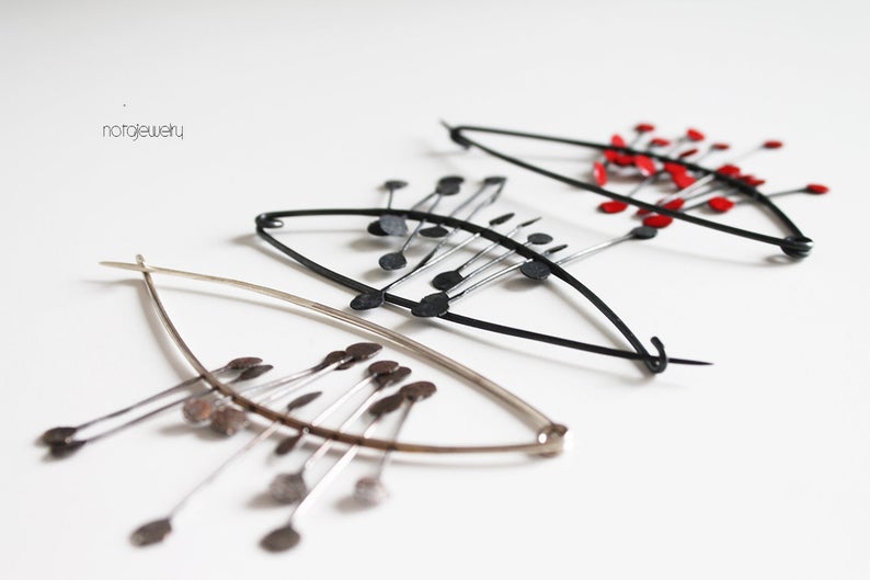 Big Black Silver Modern red Shawl Pin / Brooch