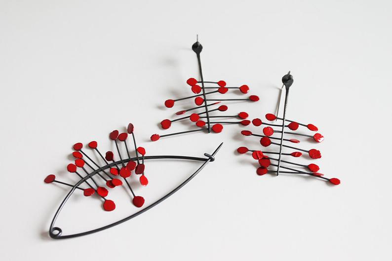 Bold silver earrings / Red, Green or Blue