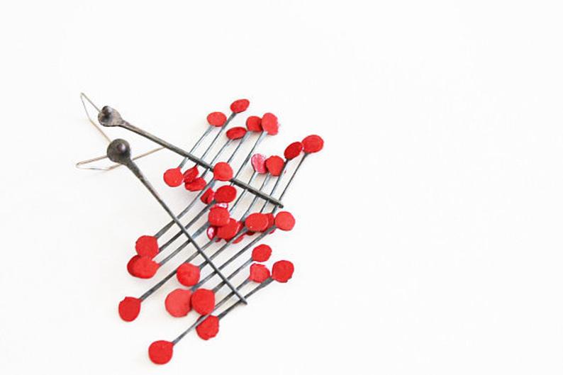 Bold silver earrings / Red, Green or Blue