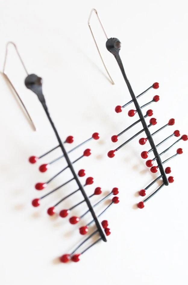 Big Black Silver dangle earrings / Red or Blue