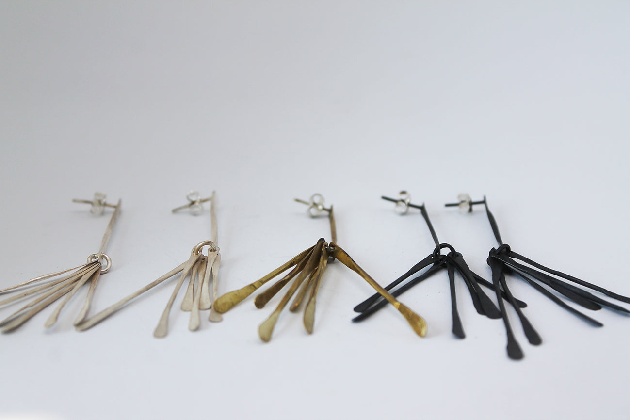 Long light silver dangle earrings / White or Black silver  +  Brass ✻