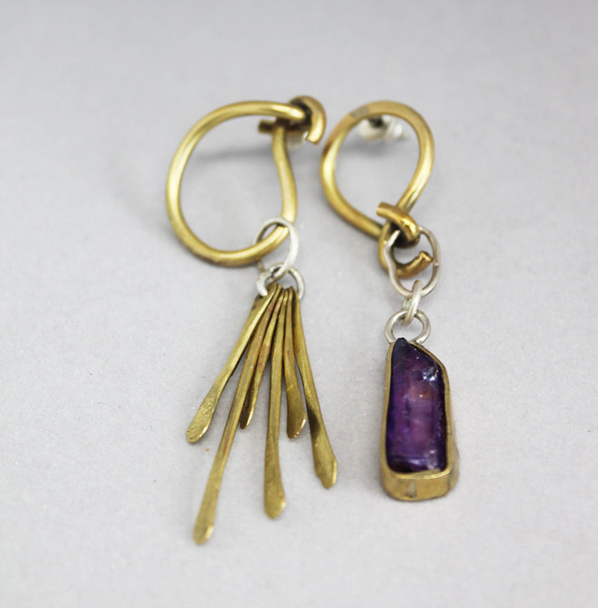Mismatched mixed metal bold amethyst earrings/ Zapetljanac vol.2
