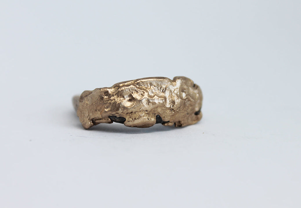 Unique sand cast statement ring in bronze
