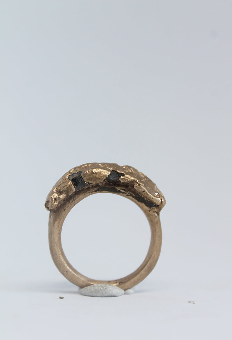 Unique sand cast statement ring in bronze