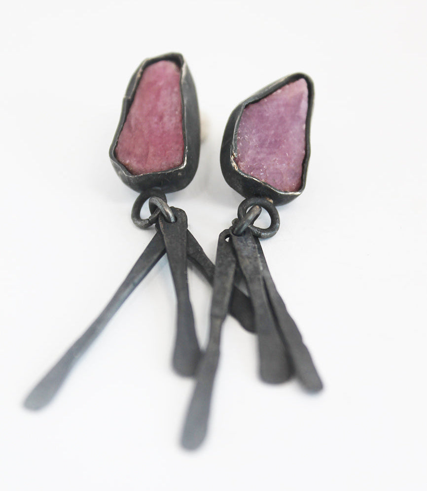 Unique black silver earrings with Rose quartz
