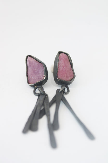 Unique black silver earrings with Rose quartz