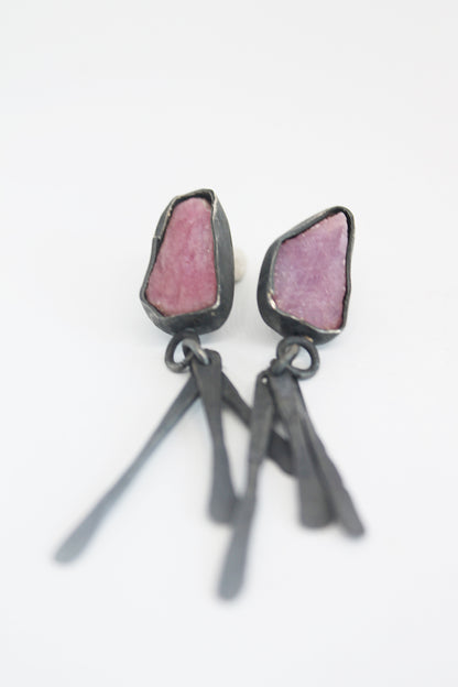 Unique black silver earrings with Rose quartz