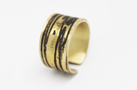 Bold Adjustable Etched Brass Unisex Ring