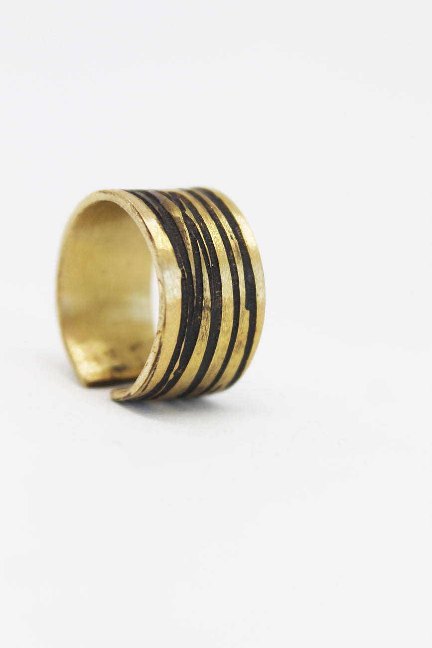 Bold Adjustable Etched Brass Unisex Ring