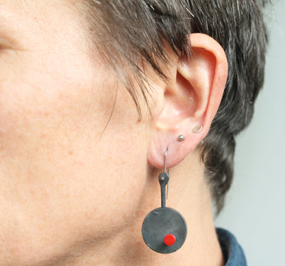 Big Black Geometric Red Dot Silver Earrings