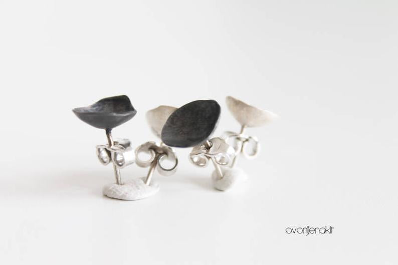 Black Silver Oval Everyday Earrings