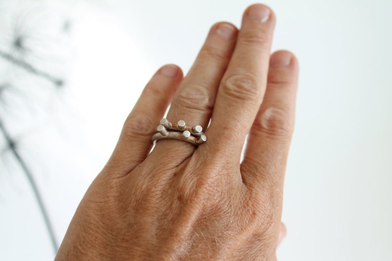 Set of two spike silver unisex rings