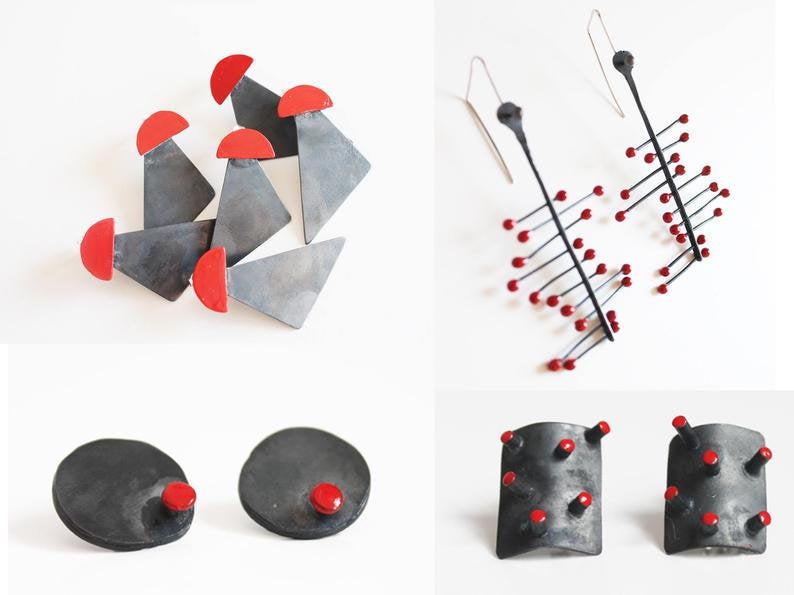 Big Black Geometric Red Dot Silver Earrings