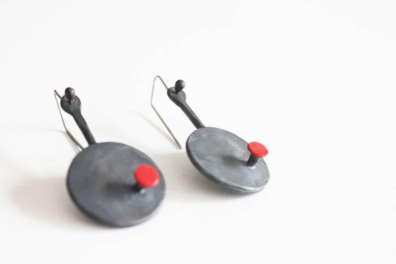 Big Black Geometric Red Dot Silver Earrings