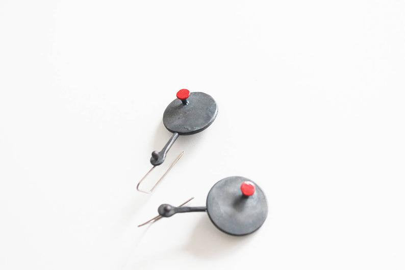 Big Black Geometric Red Dot Silver Earrings