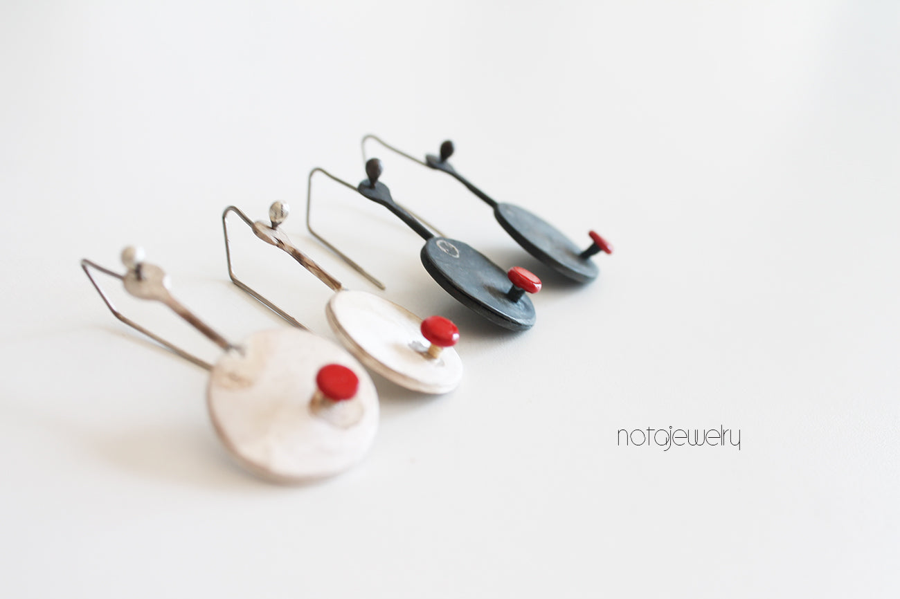 Big Black Geometric Red Dot Silver Earrings